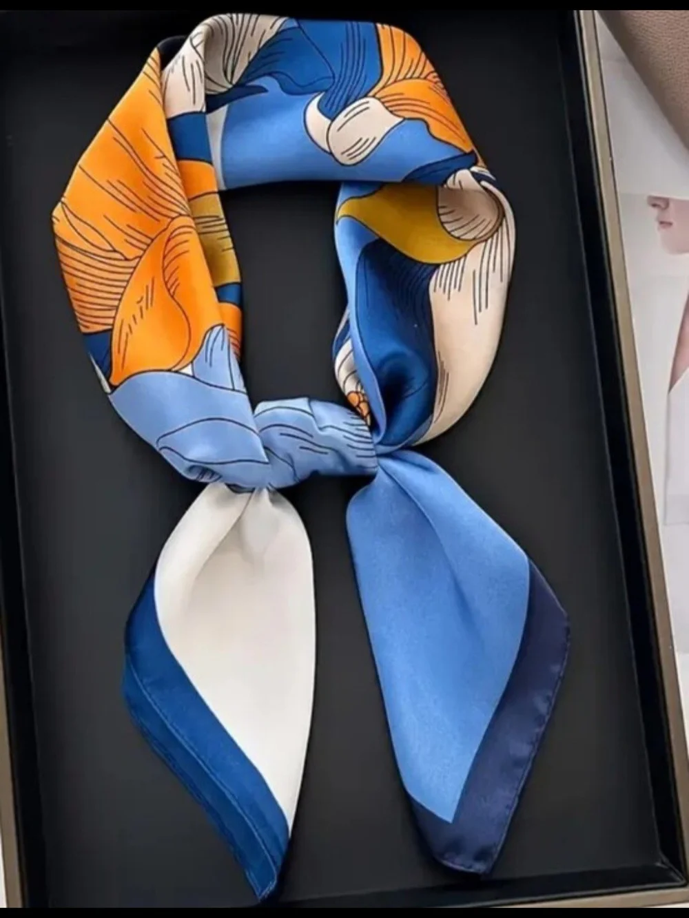 Silk-feel Blue Floral Silk-Feel Scarf Heaf Scarf, Neck Scarf